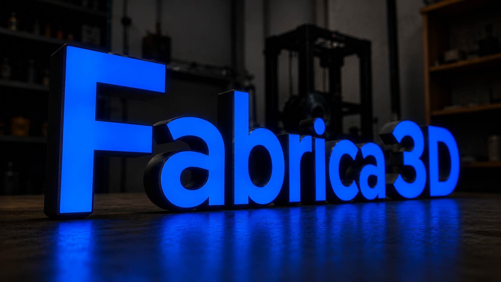 Cartel LED Fábrica 3D en azul neón